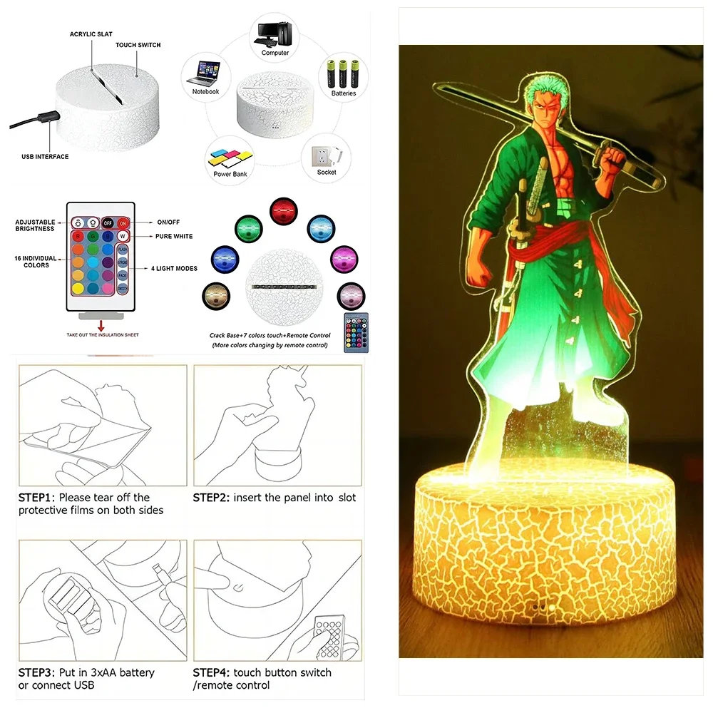 Actions Figure One Piece Luffy Zoro Anime Figures 3D Lamp PVC Action Collection Model Toys LED Night Light Kid Christmas Gift 6