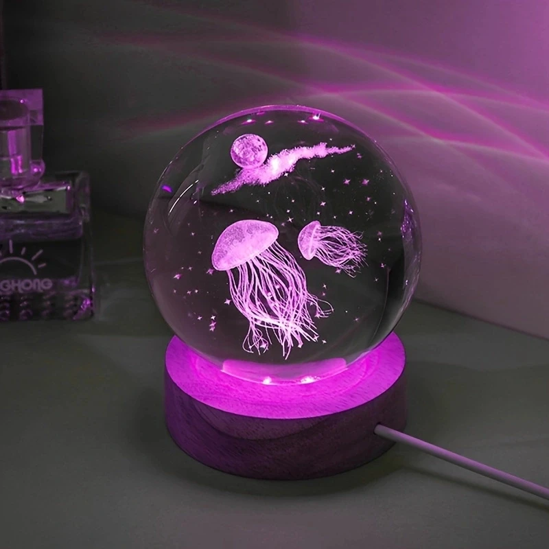 3D Jellyfish Laser engraved crystal ball LED night light,  birthday girlfriend classmate wife children christmas day gift 1